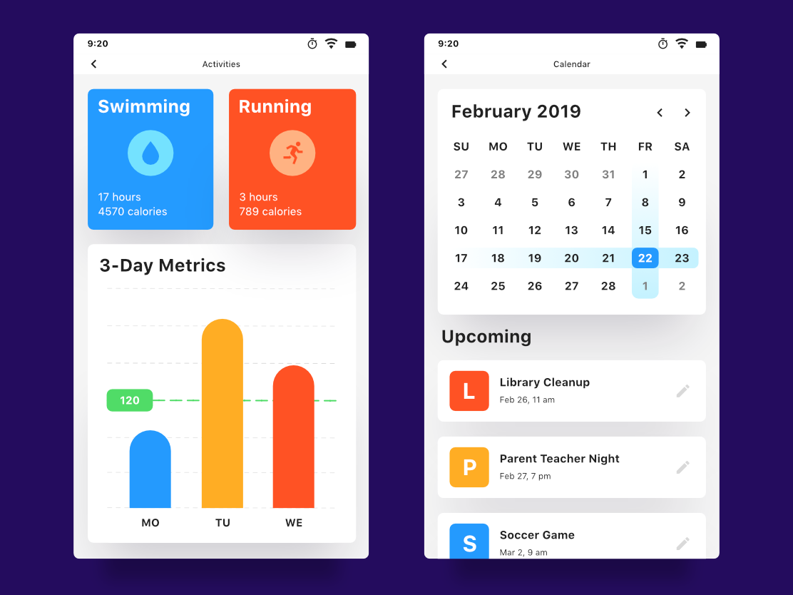 Mobile Activities & Calendar UI by Shazib Haseen on Dribbble