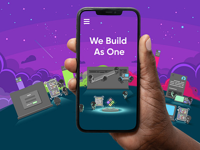 We Build As One allhands astronaut clouds darkmode flatillustration landing page mobile mockup sky space stars ui web page design