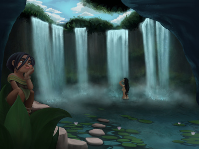 Sneaky Servant character characterdesign design digitalpainting drawing girl illustration lake naked naked girl painting texture water waterfall
