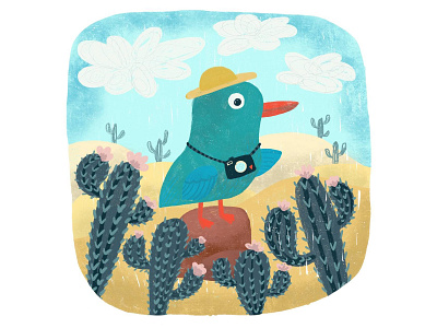 Tourist bird blue book illustration cactus character desert design freehand illustration kids illustration procreate stone