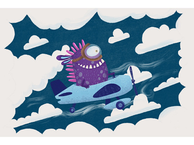 Children's book illustration airplane blue book illustration branding character clouds design fly freehand illustration kids illustration monster procreate sky