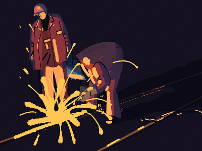 Workers in the night character color dark illustration light line work workers