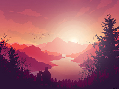 Blissful Evening colors design digital art graphic art hiking illustration landscape mountains nature painting silhouette