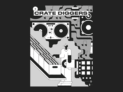 Crate Digger black and white character crate digger crate digging design dj geometric geometric illustration grid hiphop illustration microphone music rap record shop record store records sample speaker turntable