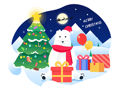 Merry Christmas balloon bear christmas christmas tree gift gift box hat illustration merry christmas moon pine tree polar bear red santa claus scarf smiling face snow stars ui ux