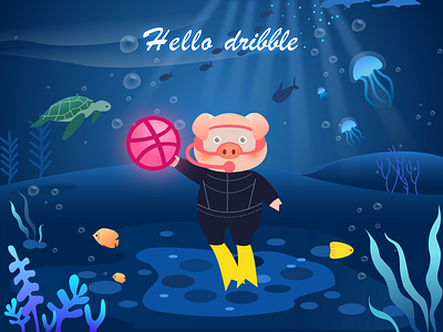 Hello dribble design hello hello dribble illustration pig sea under water