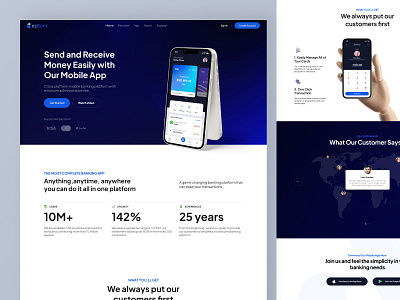 ezBank - Mobile Bank Landing Page android app bank blue design hero ios landing page mobile banking payment product testimonial transaction transfer ui web web design website