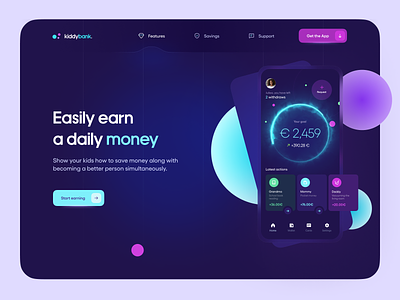 Kiddy bank landing page - fintech for the youngsters app blue cash effects finance fintech hero image interfacedesign landing page money netguru payments piggybank systems tech technology uiux ux web youngsters
