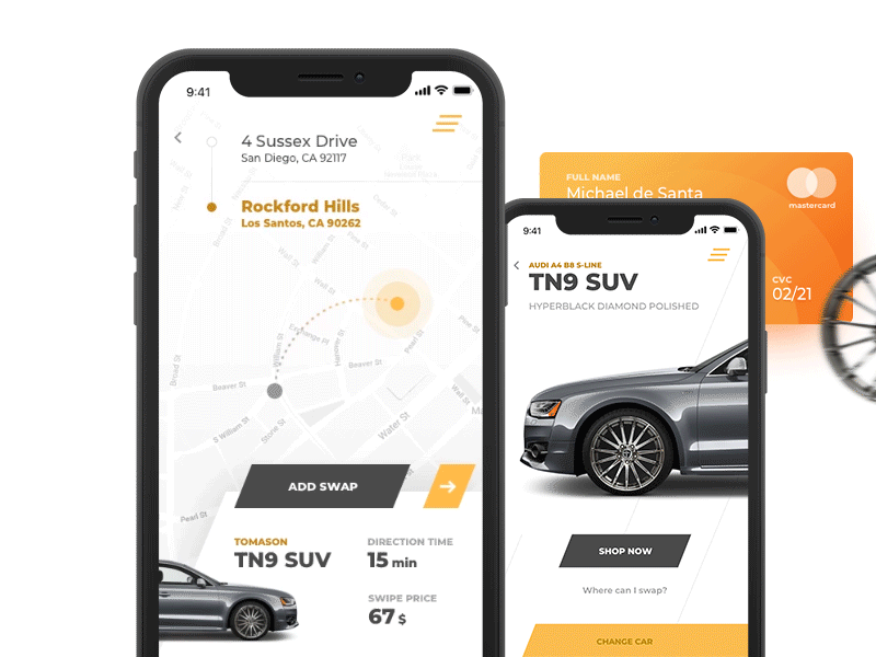 Wheels Shop - map of swap & card payment 7ninjas animation app automotive car design e commerce interface mobile payment rims tomason ui ux