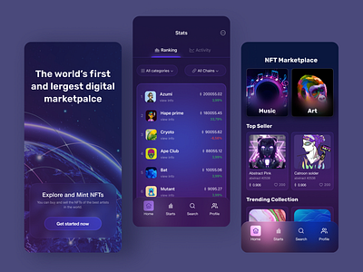 NFT Market Place App Design app app design art clean crypto cryptocurrency dark theme ethereum fintech interface marketplace mobile nft nft app nft art store ui ui design uiux ux