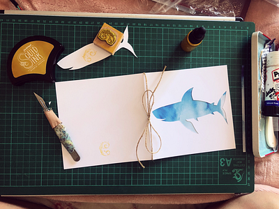 Shark 🦈 card craft design handmade illustration ink papercut papercutting shark watercolour