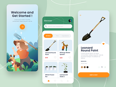 Mobile E-ccomerce Gardening Tools activities app ecommerce gardening icon illustraion ios ios app mobile shovel ui uiux