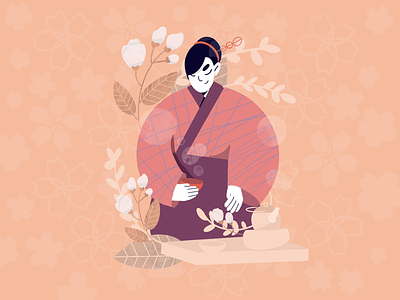 Japanese tea ceremony, Illustration calm colour exploration flat flower human people procreate tea women yukata