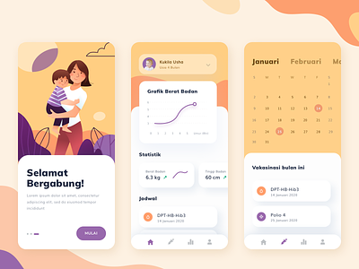 Child Health Monitoring App appointment calendar cards chart child clean color development event graph growth icons illustration illustrations ios kid onboarding rounded stats ui