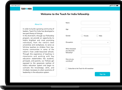 Sign Up page for the Teach for India fellowship. dailyui signup page