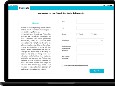 Sign Up page for the Teach for India fellowship.