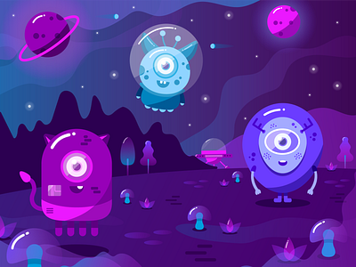 Keyvisual for the Think About! Conference branding character character creation colorful creature design design flat illustration logo monster mushroom planet space space exploration spaceship stars tree universe vector web