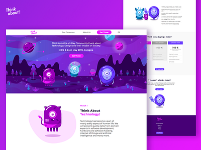 Responsive design for Think About! Conference branding character colorful creature design flat illustration landing page monster planet responsive design space space exploration spaceship stars ui universe user interface design vector web webdesign