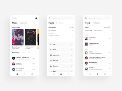 Music player - Home & Search app cover home list minimalism mobile music player playlist podcast search ui