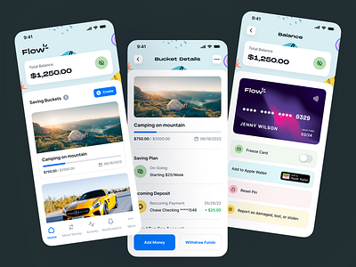 Flow- Goal Saving Mobile App app design blue clean colorful figma finance goal ios mobile app mobile ui saving ui ui ux design uidesign uiux user experience user interface ux