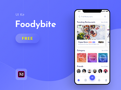 Foodybite - Free UI Kit for Adobe XD adobe xd app bite blue clean design dish food food app foodies free friend madewithxd restaurant review ui ux design