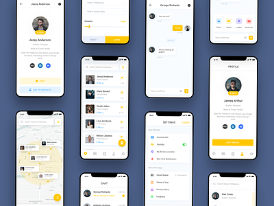 Nearal App Redesign adobe xd app app ui chat clean contacts design freelance inspiration madewithxd map minimal nearal redesign settings ui ux design user profile userinterface yellow