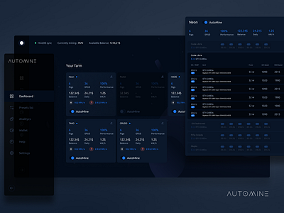 Auto.mine blue crypto dark dark mode dashboard farm mining modern rig ui ux web