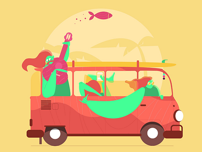The Greenfellas in a Kombi 2d character graphic illustration lucas alva