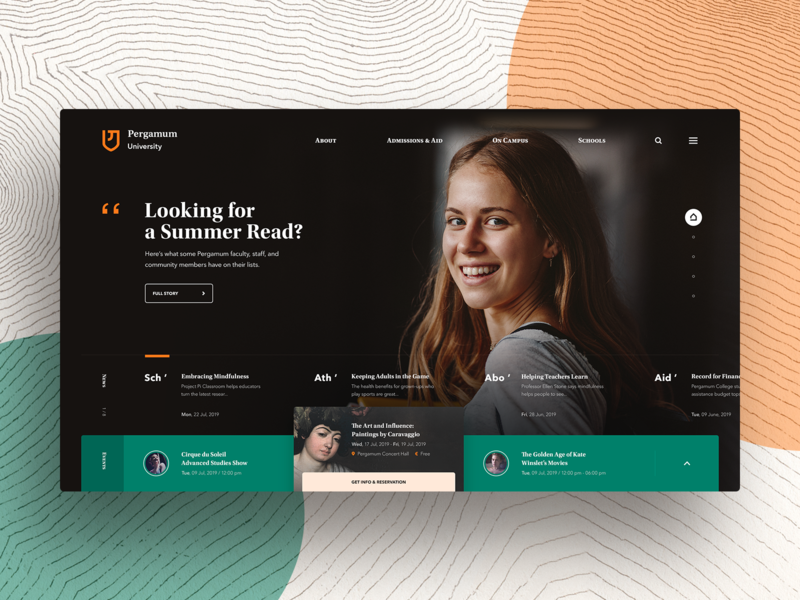 Pergamum University Homepage bold college dark design education minimal news school serif ui university ux website