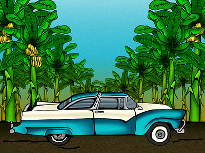 Cruisin' banana trees bright colors car cars color creative digital color hand crafted hand drawn hotrod illustration nature tropical tropical design tropical leaves