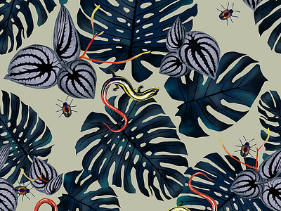 Jungle Lizard Print blue digital painting fashion floral floral illustration green illustrator indigo insects jungle leaves lizard nature painting pattern photoshop poster print print and pattern textile