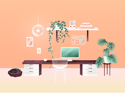 Home Office cats clean home office illustration interior design modern office peach photoshop plants remote wacom workspace