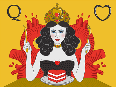 Queen of Hearts blood cake card cleavage crown eating evil fork gold hearts illustration jewellery knife of playing pulse queen sexy table yellow