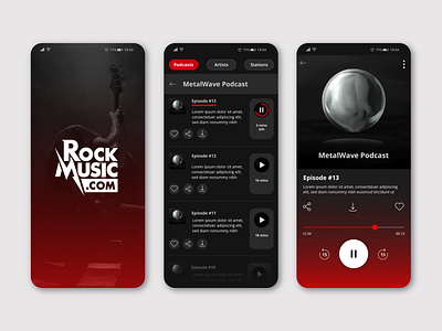 RockMusic.com Mobile UI black branding dark mode design graphic graphic design illustration interface letter logo metal mobile music player rock smartphone typography ui ux vector