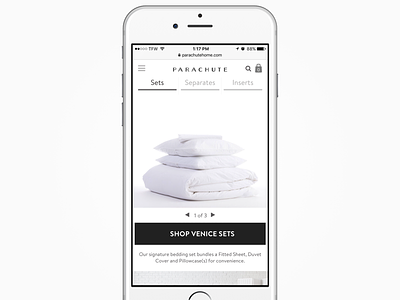 Redesign of Parachute's Bedding Page bedding conversion rate optimization cta ecommerce hamburger iphone mobile parachute shopify sticky header swipe white