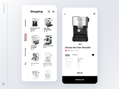 Mobile Shopping App Design Concept app app design buy cart category coffe makers coffee shop design e commerce ecommerce favorite icons rate ronas it share shop shopping shopping app ui ux