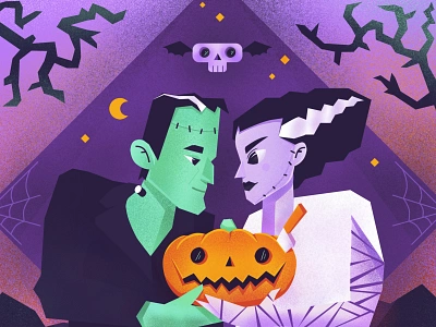 Halloween Love Story Illustration art artwork branding bride of frankenstein character flat frankenstein graphic graphic design halloween design halloween party illustration illustration art love pumpkin ronas it spooky story vector