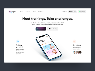 PopSugar Landing Page - Redesign exercise fitness fitness app fitness app design gym landing landing page design landing page ui load mobile ui mvp ronas it running strenght trainer ui ux web wedsite workout