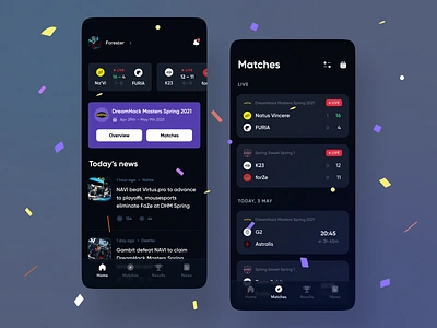 Esports app app bits black cards csgo dark dashboard esport esports game ios league legends live lol purple results stream tab bar twitch