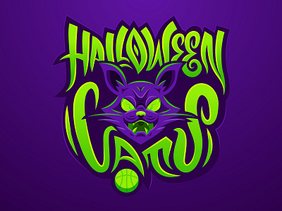 Halloween Cats - full logo basket basketball cat cat drawing custom typography green halloween hand lettering icon logo mascot mascot logo purple scary spooky sport typo typography