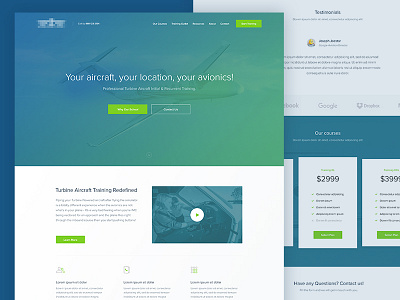 Aircraft Training Landing Page avionics training flying courses green blue interface minimal clean web design pilot service landing page plane aircraft rent website responsive design user experience user interface ux ui