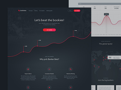 Banker Bets Landing Page v. 3 bookmaker tips unit graph chart header minimal clean web design online betting website red black white responsive design service landing page sport bets user experience user interface ux ui win betting invoice