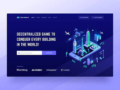 Polyworld ICO Landing Page Header blockchain cryptocurrency contribution ico crypto website decentralized mobile app game game user experience isometric illustration landing page ico token roadmap token ui ux visual clean design web design user interface