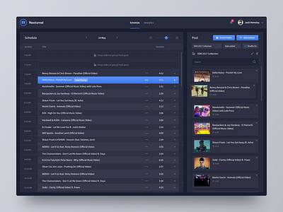 Nocturnal.tv Admin Schedule app dashboard clean interface edm music player flat music player interface product live stream platform play pause stop ui ux user experience user interface web design website widget