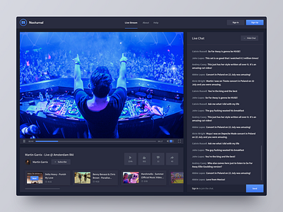 Nocturnal.tv Live Stream app dashboard clean interface edm music player flat music player interface product live stream platform play pause stop ui ux user experience user interface web design website widget