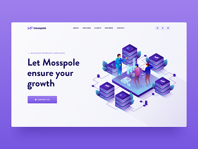 Mosspole Landing Page Header blockchain cryptocurrency contribution ico crypto website decentralized consulting isometric illustration landing page ico token roadmap token ui ux user experience visual clean design web design user interface