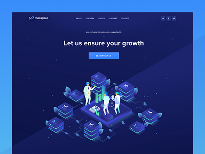 Mosspole Landing Page Header blockchain cryptocurrency contribution ico crypto website decentralized consulting isometric illustration landing page ico token roadmap token ui ux user experience visual clean design web design user interface