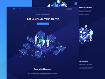 Mosspole Landing Page blockchain cryptocurrency contribution ico crypto website decentralized consulting isometric illustration landing page ico token roadmap token ui ux user experience visual clean design web design user interface