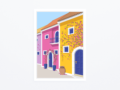 "Greek Village Street" - illustration artist colorful colors digital art digital painting graphic design greece houses illustration illustrator island print vector vector art village