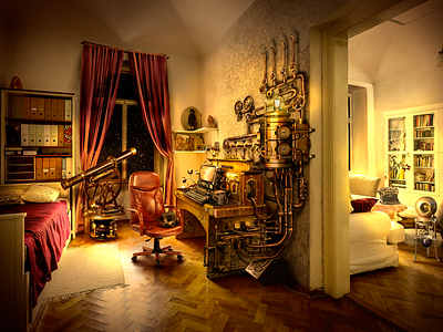 Matte Painting: the room in steampunk style illustration mattepainting room steampunk